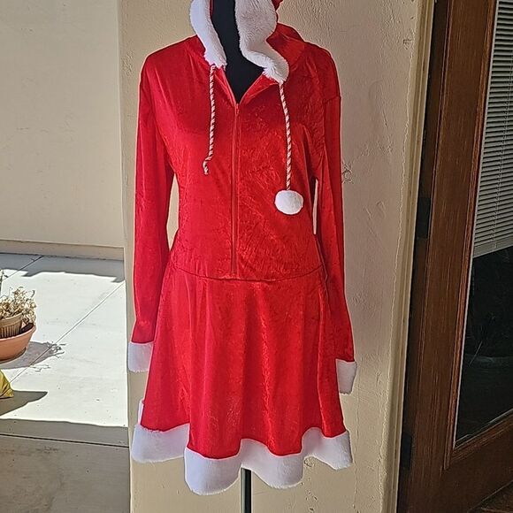 Mrs Claus costume has red zipper front dress with hood size small - Picture 2 of 13